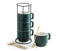 Miamolo Stackable Coffee Mugs Set of 4 with Holder Spoons 11oz Ceramic Cappuccino Cups for Espresso Latte Tea Drinks, Dishwasher & Microwave Safe, Green