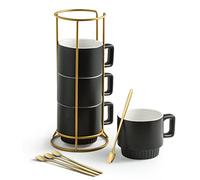Miamolo Stackable Coffee Mugs with Stand, 11oz Ceramic Latte Cup Set of 4 for Espresso Cappuccino Tea Hot Cocoa, Dishwasher & Microwave Safe, Black