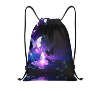 mianfer S Gym Drawstring White Purple Butterflies Print Bags Backpack | Beach Swimming Shopping Yoga String Trip Sack Dance Travel Carry-On Luggage Camping Hiking Storage Folded Adjustable