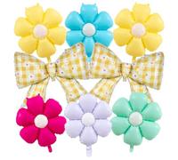 MIANRUII 8Pcs Daisy Flower & Yellow Gingham Bow Foil Balloons, Pastel Color Floral Bow Balloons for Boho Birthday, Garden Decor，Spring Wedding, Groovy Themed Party Decorations