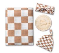 Miaoberry 100% Organic Muslin Swaddle Set| Checkered in Coffee Latte 47 * 47 with Hat,Bow and Arrival Card