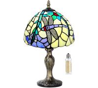 MIAOKE Stained Glass Lamp Stained Glass Crystal Bead Style Table Light,Handmade Desk Bedside Table Night Lamp,Antique Art Craft Gifts Lover Living Room Bedroom Study Bookcase Desk(Flower Dragonfly)