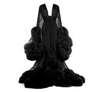MIAOXIAO Women's See-Through Sexy Feather Flared Sleeve Robe, Tulle Illusion Boudoir Bridal Robe, 1, M