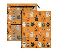 miaozhen 3 Hole Punched folders 2 Pack Halloween Pumpkin Ghosts Cat Orange | big capacity kids pencil pouching clear window for Storing School Students Teacher Supplies