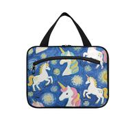 miaozhen Art Oil Painting unicorns Blue hanging large hanging toiletry bag with hook, designer essentials for cruise travel maletín para maquillaje L, Art oil painting unicorns blue, Modern