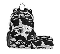miaozhen Backpack For School With Lunch Bag Shark Lover Marine Fish Bone Boy School Backpack With Lunch Box 9-10 years
