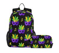 miaozhen Bags For School Boys Cat Graffiti Mask Crown Fleur De Lis Green Gold 18L/Bookbags With Lunchbox For Boys,9-10 years,mochila con lonchera para ni?os