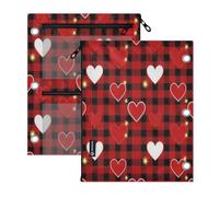 miaozhen Binders 3 Ringing 2 Pack Buffalo Plaid Heart Red Black 11''x8.9'' | With Zipper Reinforced Grommets pencil pouching for kids clear window for Classroom School Office Supplies