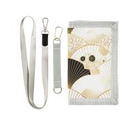 miaozhen Black Gold Japanese Vintage Flower Fan trifold wallets for cards and cash for birthday gift minimalist lighweight fold wallets for men with lanyard cartera para hombre, Black gold Japanese