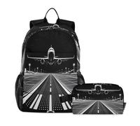 miaozhen Boy Backpack With Lunch Bag Cat Graffiti piloting Airplane Airport Runway 18L/School Bag Boy,7-10,set de mochila y lonchera para ni?as