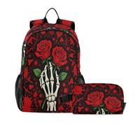 miaozhen Boys Backpacks With Lunchbox Skeleton Lover Red Roses Funny School Bag For Boy age 8-10 years old