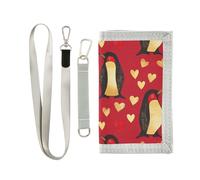 miaozhen Cute Animal Penguin Heart Gold Valentines Day trifold travel wallet for men for credit cards Trendy colorful mens slim wallet with lanyard billeteras para hombre, cute animal penguin heart