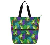 miaozhen decorative Kid Tote Bag for Kids Students Adults Painted Tree Frogs Pattern weave fabric handles School Shopping Bag with Zipper for School Shopping Beach