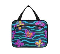 miaozhen Fluorescent Butterflies Wave Pattern hanging travel toiletry bag with hook, designer essentials for dad estuche de maquillaje para mujer L, Fluorescent butterflies wave pattern, Modern