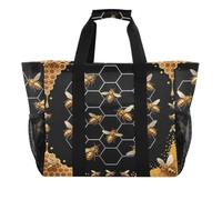 miaozhen Foldable Grocery Bags Reusable with mesh side pockets | Utility Tote,With Pockets,Black Yellow Queen Bee Garden