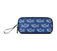 miaozhen Nylon Large Pencil Bag Neon Shark Animals Dark Blue Big Capacity Mesh Pen Pencil Case Stationery for Middle School Woman estuche para