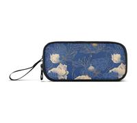 miaozhen Nylon Pencil Bag for Teens Navy Blue Gold Peony Floral2