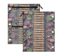 miaozhen Pencil case Binder pouching 3 Ringing 2 PCS 3D Path Kois Water Lily Flower Summer