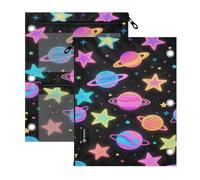 miaozhen Pockets 3 Hole Punched 2 PCS Fluorescent Colored Stars and Planets | smooth zipper color pencil case clear window for Office Supplies