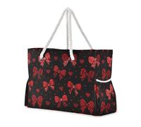miaozhen Sandproof beach bag for men with zipper Valentines Plaid Ribbon Bow Hearts Red Black travel tote bags for women carry on for Pool Gym Grocery Travel