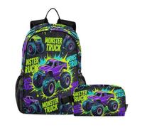 miaozhen School Bag For Boy Cat Graffiti Colorful monsters Truck Racing Dark Blue 18L/Backpack And Lunch Box For Boys,10-12,mochila con lonchera para ni?as