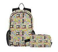 miaozhen School Bag With Lunch Bag Cat Graffiti Cute Sewing Machine Yarn 18L/Backpack With Lunchbox For Boys,age 8-10 years old,mochila con lonchera para ni?as