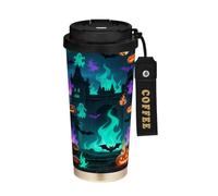 miaozhen Travel Coffe Tumbler With Lid Halloween Terrifying Green Fire Thermal Coffee Travel Cup Stainless Steel For Hot And Cold 17 oz Leak Proof
