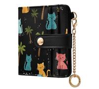 miaozhen Women's Minimalist Folding Wallet Fancy Beach Kitten Willow Black PU Leather Bifold Wallet for Girls Women Ladies