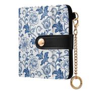 miaozhen Women's Small Folding Wallet Waterproof Vintage Blue Rose William Morris White PU Leather Bifold Wallet for Woman Girl