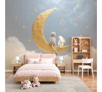 MIATCENRT 3D Crescent Moon Cat Rabbit Wall Mural 450x315cm - Silk Fabric 3D Decoration Wallpaper, Light Gray Photo Mural, Large Scenic Walls Covering for Living Room Bedroom Dining Room Decor