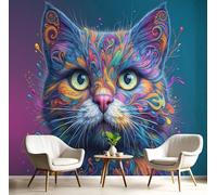 MIATCENRT 3D Effect Photo Wallpaper Cute Illustration Paint Cat 200x140cm Mural Panoramic Wall Tapestry, Large Photo Wallpaper Mural Bedroom Eco-Friendly Decoration