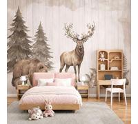 MIATCENRT 3D Forest Sika Deer Wall Mural 450x315cm - Silk Fabric Watercolor Illustration Wallpaper, Purple Pink Photo Mural, Large Scenic Walls Covering for Living Room Bedroom Dining Room Decor