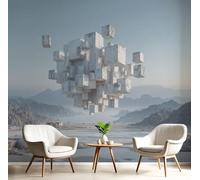 MIATCENRT 3D Panoramic Custom Wallpaper Mural, 200x140cm Wall Poster Floating Concrete Block Abstract Architecture Photo Wallpaper, Gray-Blue Mural - Decoration for Bedroom Living Room Corridor