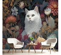 MIATCENRT 3D Panoramic Custom Wallpaper Mural, 300x210cm Wall Poster Flowers Plants White Cat Illustration Photo Wallpaper, Colorful Mural - Decoration for Bedroom Living Room Corridor