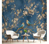 MIATCENRT 3D Panoramic Custom Wallpaper Mural, 300x210cm Wall Poster Gold Leaf Branches Birds Elegance Luxury Photo Wallpaper, Dark Blue Mural - Decoration for Bedroom Living Room Corridor
