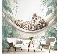 MIATCENRT 3D Panoramic Custom Wallpaper Mural, 350x256cm Wall Poster Hammock Leopard Cub Watercolor Animals Photo Wallpaper, White-Green Mural - Decoration for Bedroom Living Room Corridor