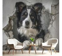 MIATCENRT 3D Panoramic Custom Wallpaper Mural, 400x280cm Wall Poster Breaking Down A Wall Border Collie Cute Animals Photo Wallpaper, Black White Mural - Decoration for Bedroom Living Room Corridor