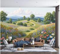 MIATCENRT 3D Panoramic Custom Wallpaper Mural, 400x280cm Wall Poster Grassland Wildflowers Landscape Illustration Photo Wallpaper, Light Green Mural - Decoration for Bedroom Living Room Corridor