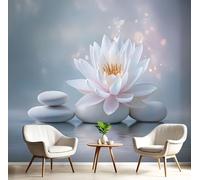 MIATCENRT 3D Panoramic Custom Wallpaper Mural, 450x315cm Wall Poster Lotus Stone Spa Photo Wallpaper, Blue-Gray Mural - Decoration for Bedroom Living Room Corridor