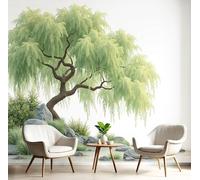 MIATCENRT 3D Photo Wallpaper - Abstract Willow Tree Chinese Style Living Room Sofa Tv Background Custom Wallpaper, Living Room The Wall for Bedroom Mural-250x175cm, Sage Green