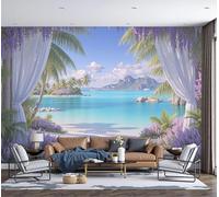 MIATCENRT 3D Photo Wallpaper - Curtains Beach Island Palm Trees Living Room Sofa Tv Background Custom Wallpaper, Living Room The Wall for Bedroom Mural-450x315cm, Azure