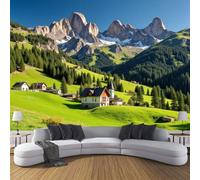 MIATCENRT 3D Photo Wallpaper Mural, Architecture Landscape Valley Village Silk Fabric Art Print Grass Green Murals, Indoor Luxury Wall Painting 350x256cm (WxH) for Living Room TV Backdrop Room Decor