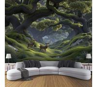 MIATCENRT 3D Photo Wallpaper Mural, Fantasy Landscape Moss Forest Deer Silk Fabric Art Print Dark Green Murals, Indoor Luxury Wall Painting 450x315cm (WxH) for Living Room TV Backdrop Room Decor
