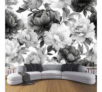 MIATCENRT 3D Photo Wallpaper Mural, Flowers Watercolor Peony Silk Fabric Art Print Black White Murals, Indoor Luxury Wall Painting 200x150cm (WxH) for Living Room TV Backdrop Room Decor
