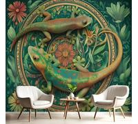 MIATCENRT 3D Photo Wallpaper Mural, Folk Art Mandala Gecko Silk Fabric Art Print Green Murals, Indoor Luxury Wall Painting 350x256cm (WxH) for Living Room TV Backdrop Room Decor