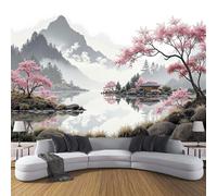 MIATCENRT 3D Photo Wallpaper Mural, Ink Painting Mountains Rivers Cherry Blossoms Silk Fabric Art Print Grey Murals, Indoor Luxury Wall Painting 450x315cm (WxH) for Living Room TV Backdrop Room Decor