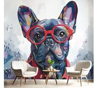 MIATCENRT 3D Photo Wallpaper Mural, Interesting Animals Glasses Bulldog Silk Fabric Art Print Grayscale Murals, Indoor Luxury Wall Painting 250x175cm (WxH) for Living Room TV Backdrop Room Decor
