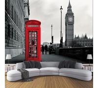 MIATCENRT 3D Photo Wallpaper Mural, London Architecture Big Ben Telephone Booth Silk Fabric Art Print Grey Murals, Indoor Luxury Wall Painting 250x175cm (WxH) for Living Room TV Backdrop Room Decor