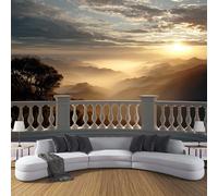 MIATCENRT 3D Photo Wallpaper Mural, Mountains View Sunrise Balcony Silk Fabric Art Print Gray Brown Murals, Indoor Luxury Wall Painting 300x210cm (WxH) for Living Room TV Backdrop Room Decor