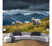 MIATCENRT 3D Photo Wallpaper Mural, Uplands Landscape Fields Sheep Silk Fabric Art Print Blue-Green Murals, Indoor Luxury Wall Painting 450x315cm (WxH) for Living Room TV Backdrop Room Decor